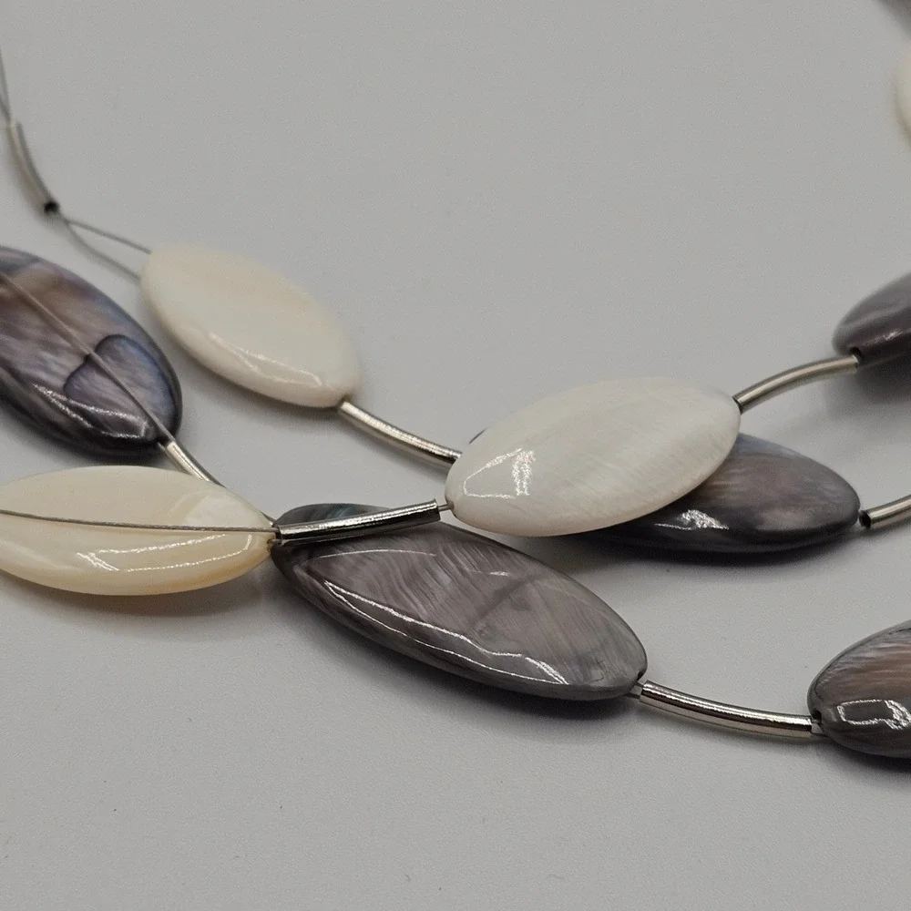 Ali-Khan NY Necklace Multi Strand Grey White MOP Shell Beads Layered 16-19